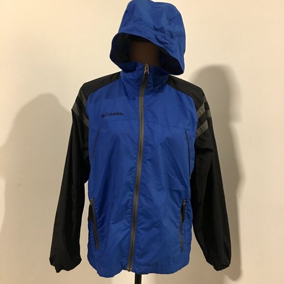 COLUMBIA Blue Black Rain Windbreaker Zip Jacket Unisex Kids Youth 14-16 Women XS - Picture 2 of 10
